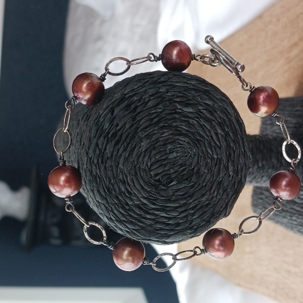 Bracelet Bronze Iridescent Fresh-water Pearls and .925 Silver Vintage.